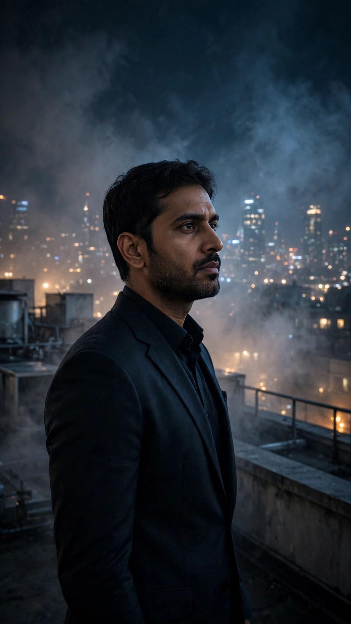 Example image of a cinematic poster-style photo of a man on a rooftop at night