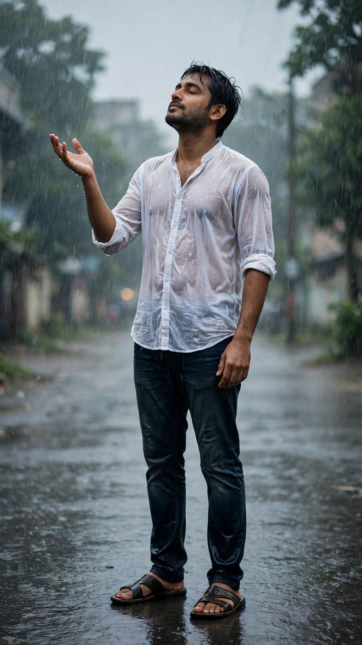 Example image of a man in a wet white shirt standing in monsoon rain