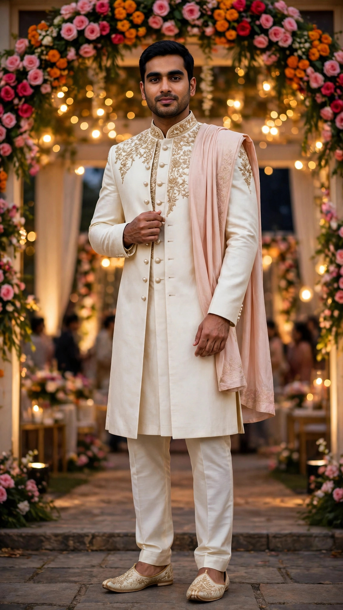 Example image of a boy in an ivory sherwani at a wedding venue