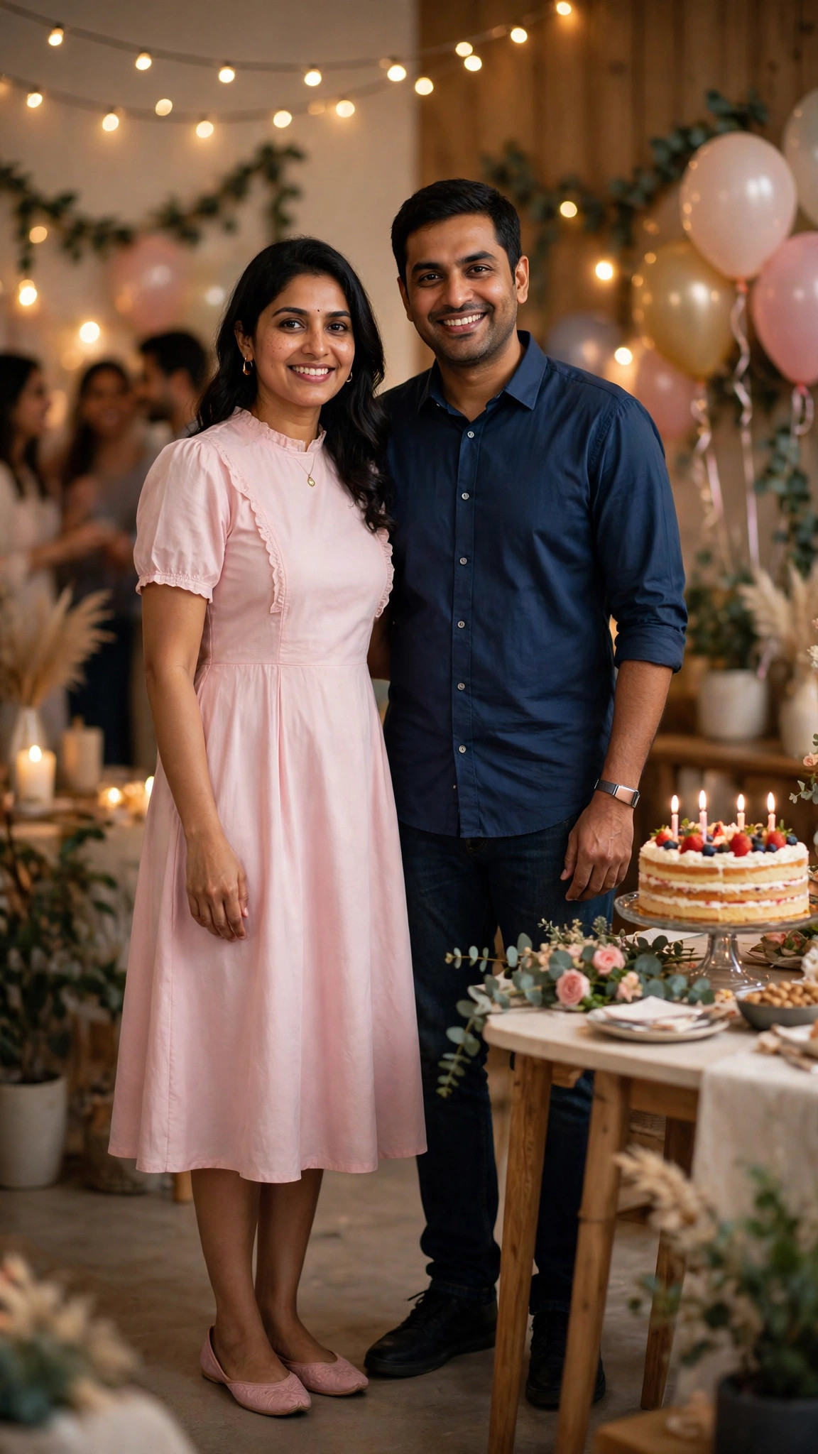 Example image of a couple beside a birthday cake table with balloons