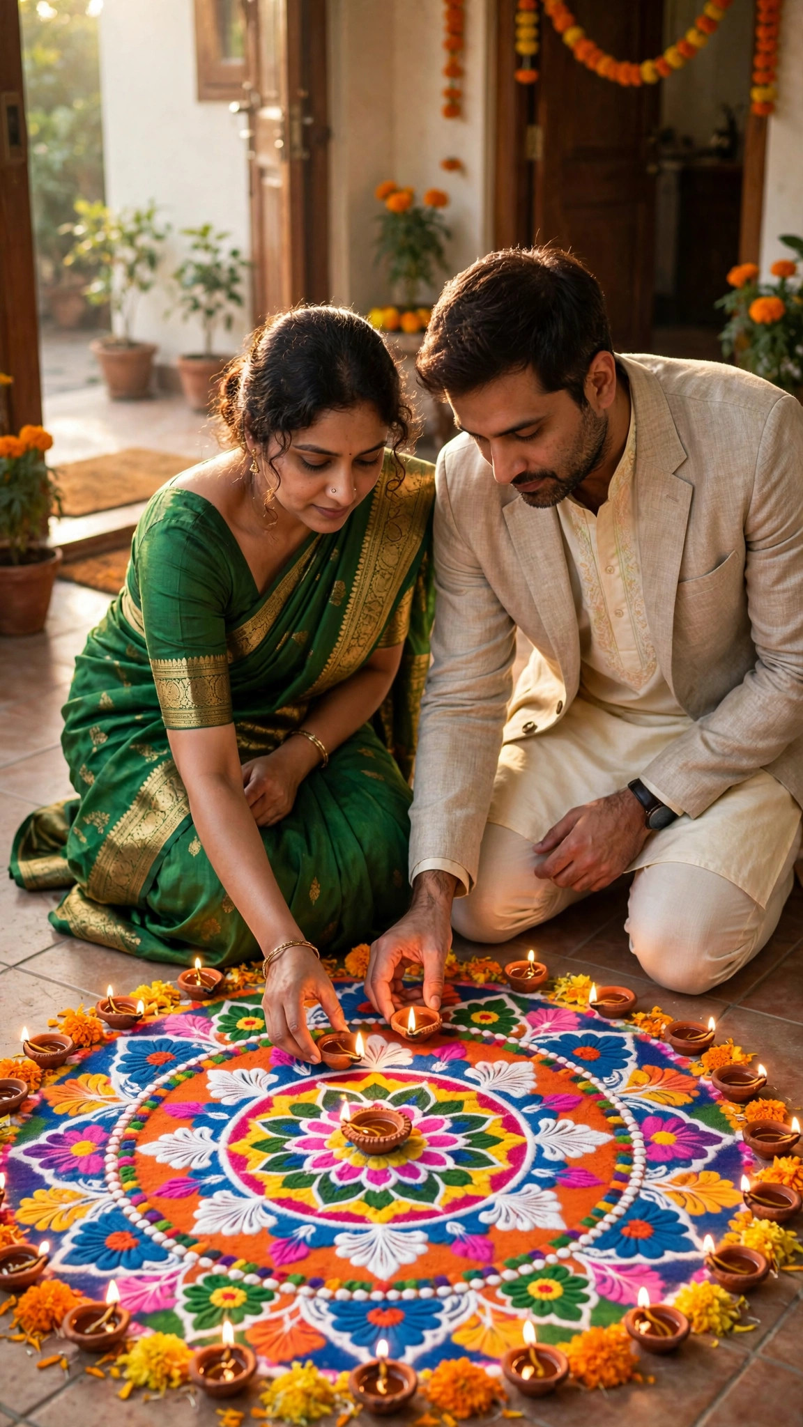 Example image of a couple placing a diya on a colourful rangoli