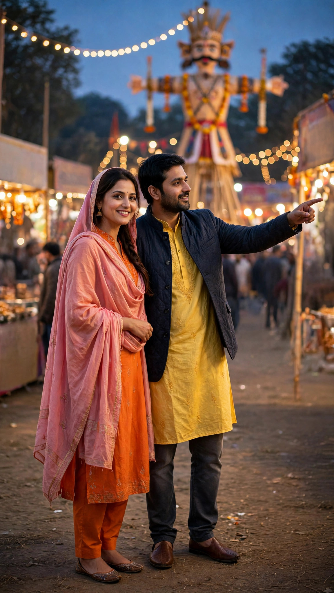 Example image of a couple in bright outfits at a Dussehra fairground