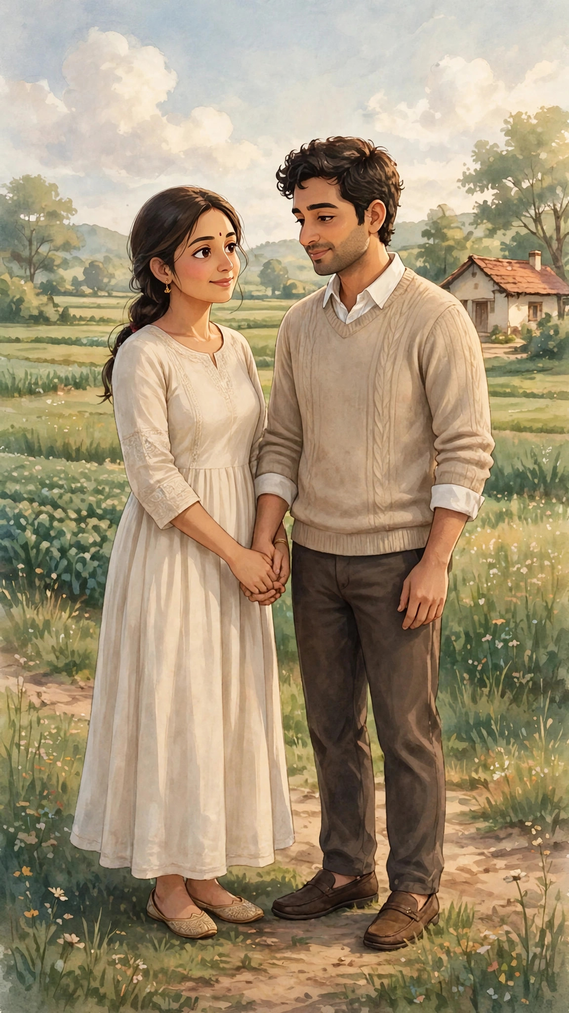 Example image of a soft animated-style couple portrait in a countryside scene