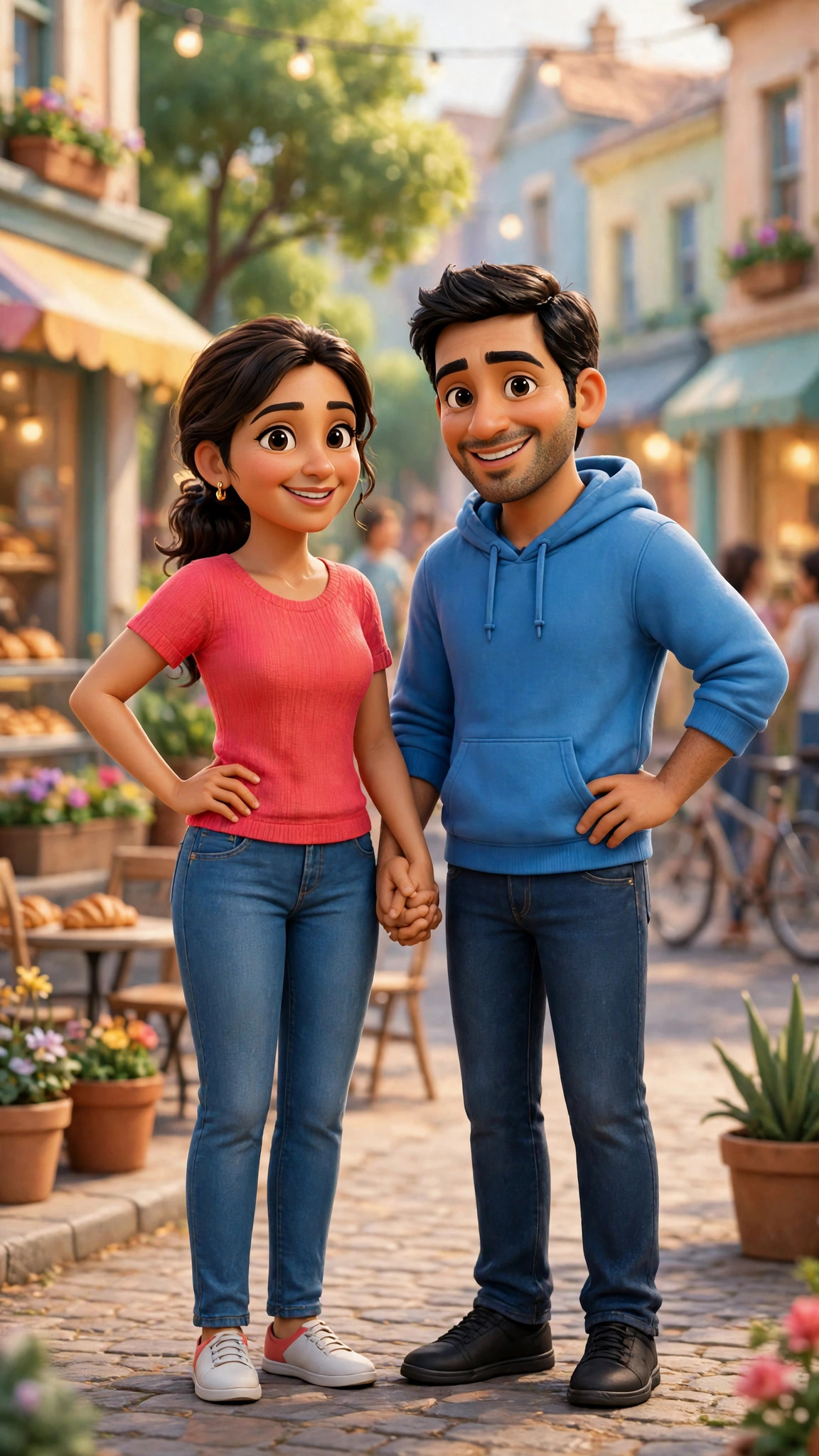 Example image of a 3D animated-style couple portrait on a town street