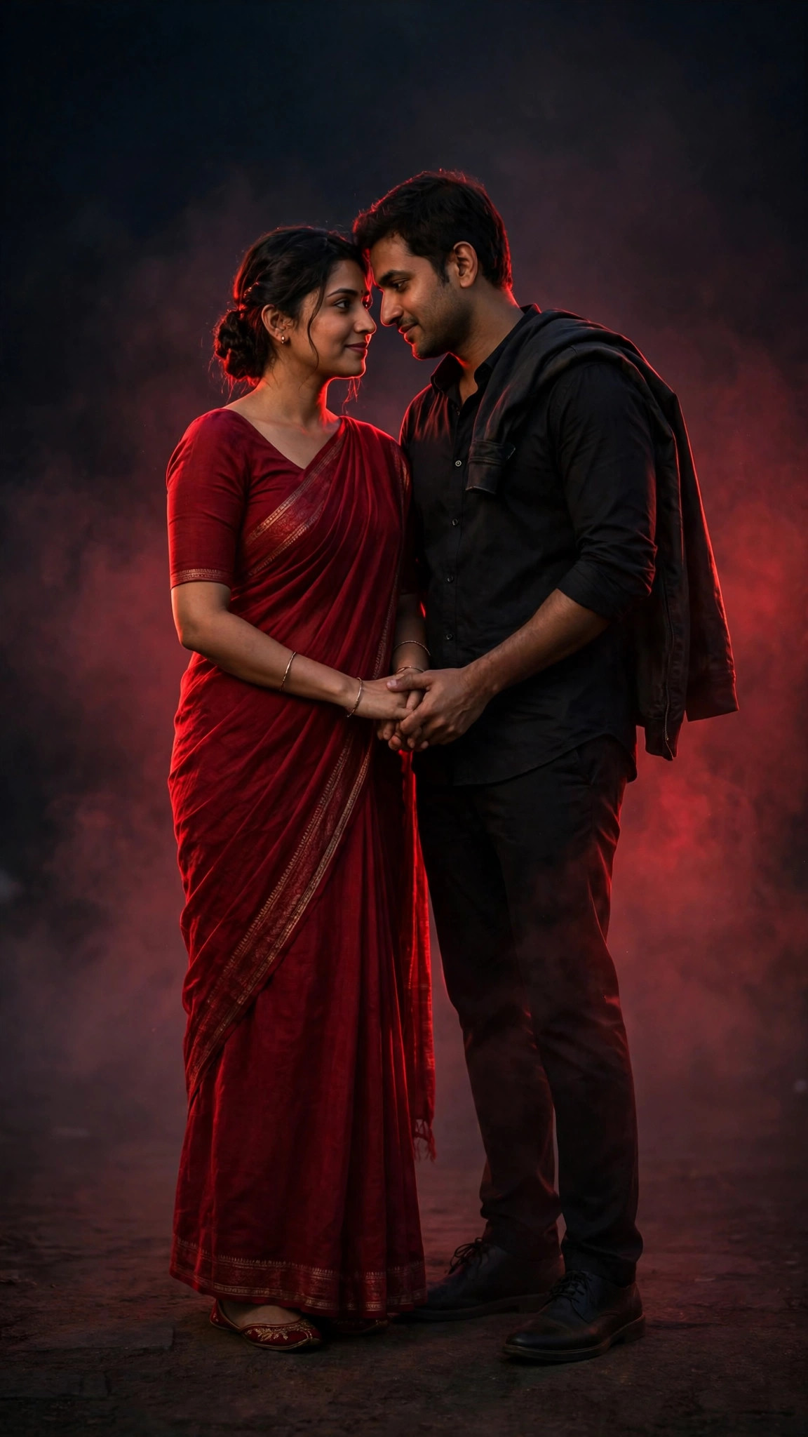 Example image of a romantic couple portrait with red rim lighting