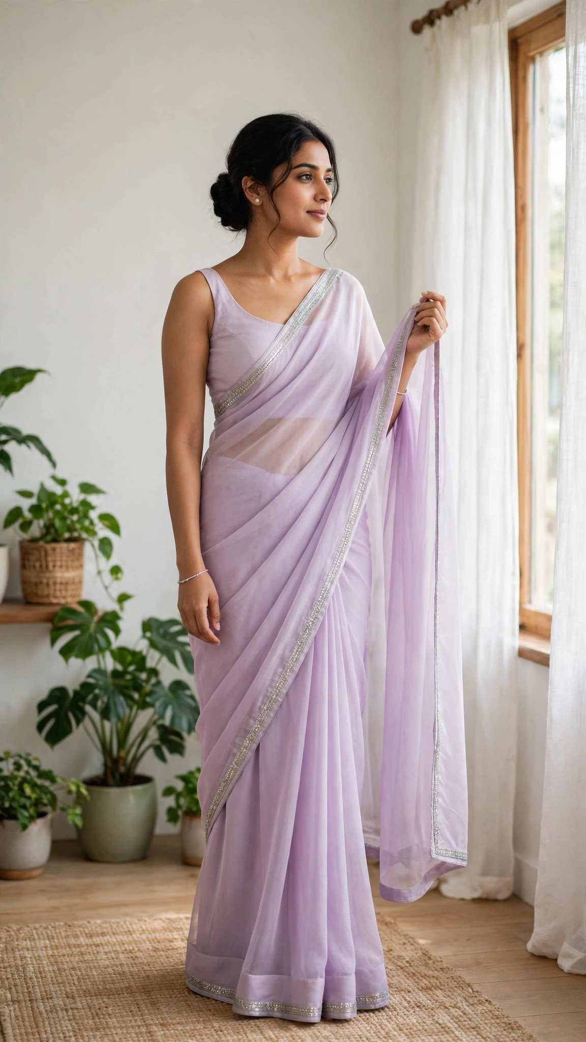 Example image of a girl in a pastel saree near a bright window