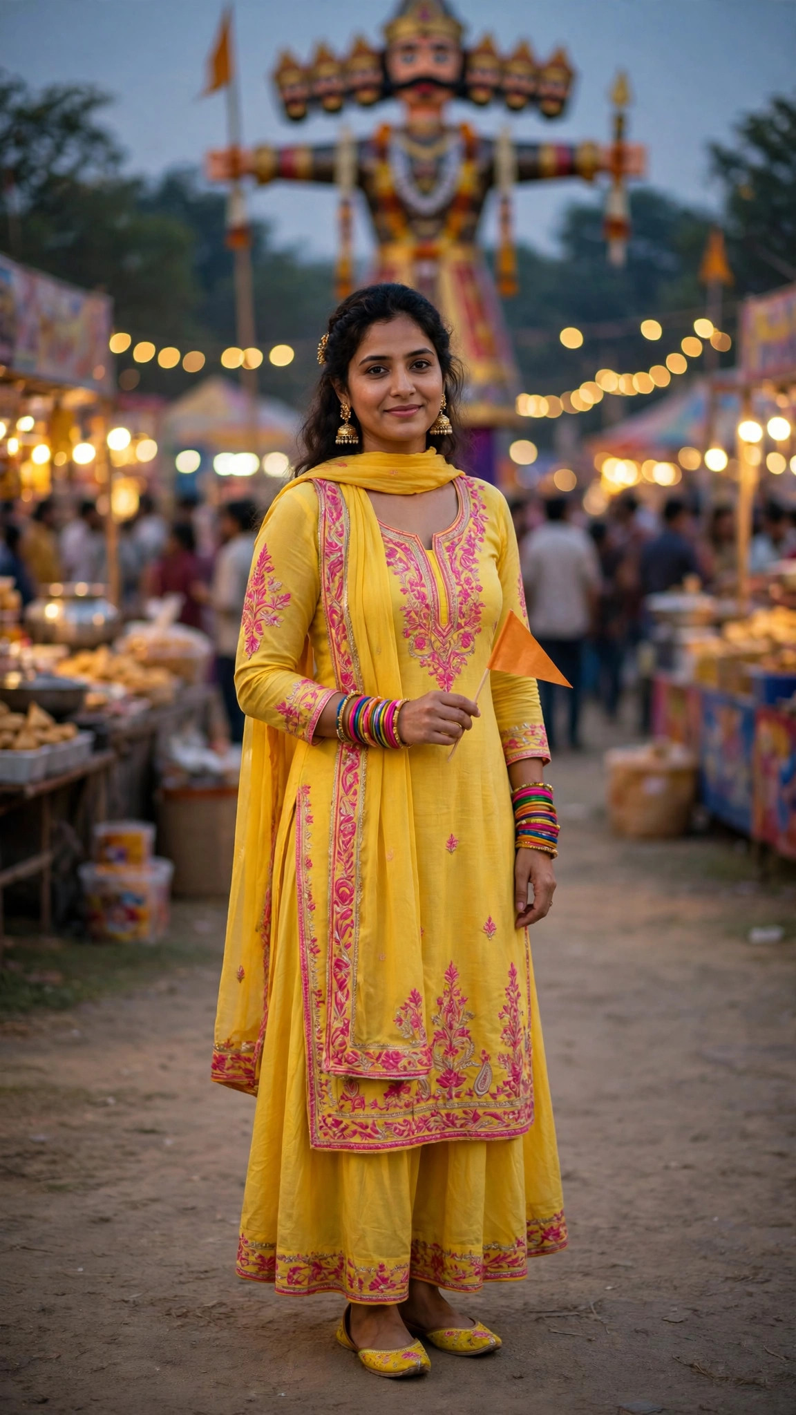 Example image of a girl in a yellow outfit at a Dussehra fairground