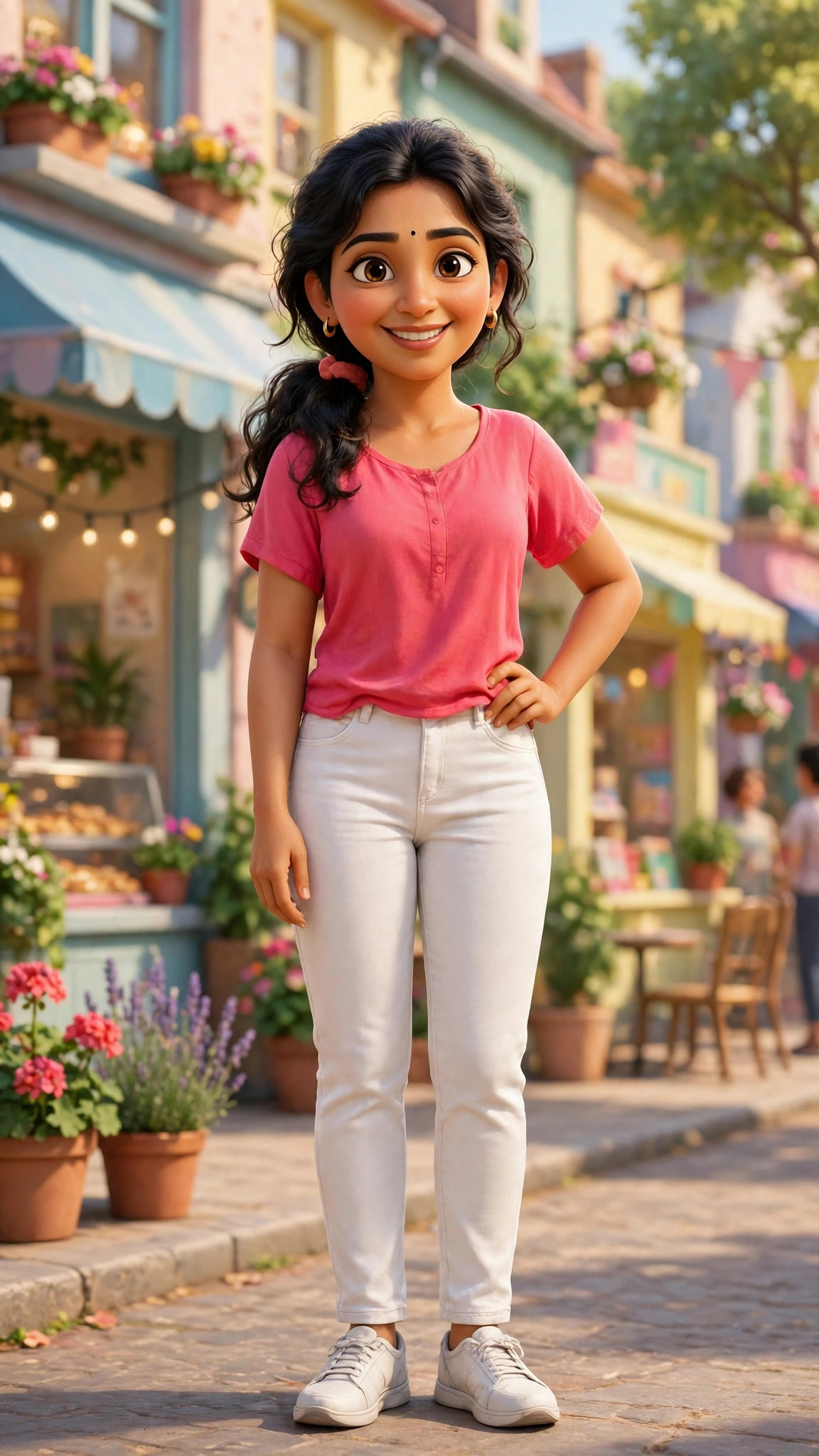 Example image of a 3D animated-style portrait of a girl on a town street
