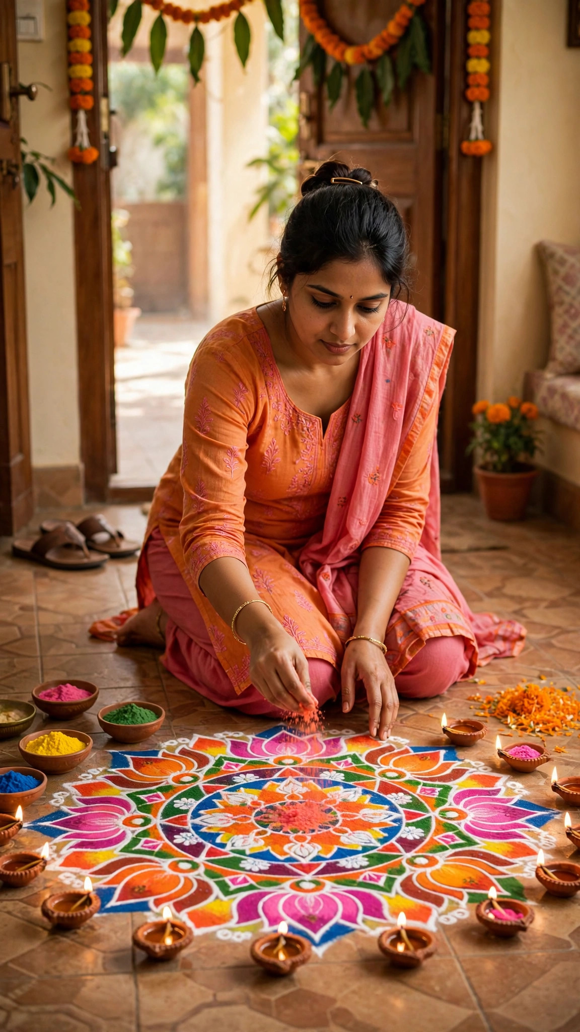 Example image of a girl making a colourful rangoli at a home entrance