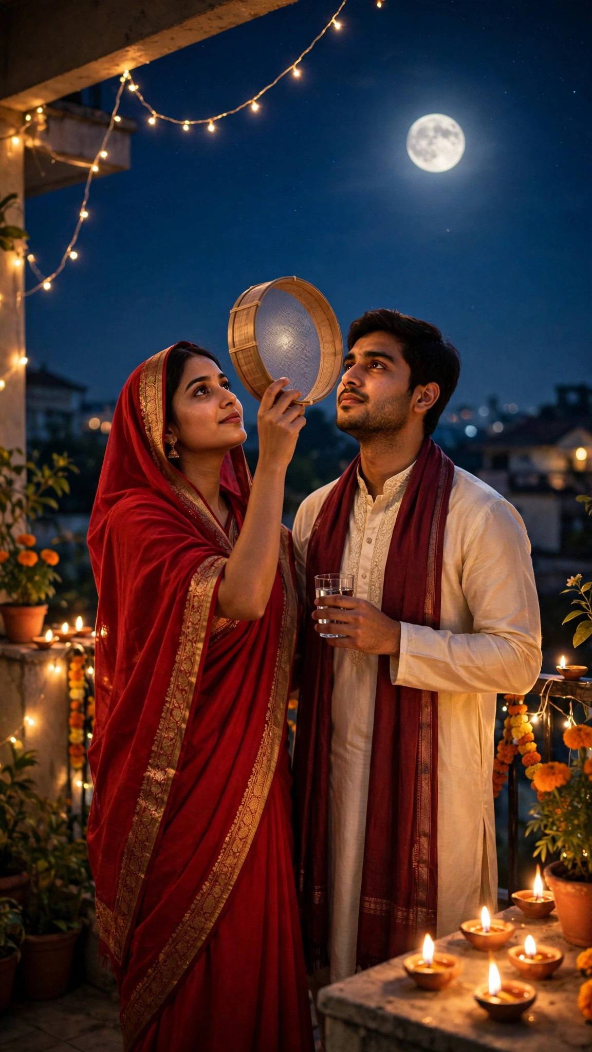 Example image of a couple on a terrace at Karwa Chauth night, the woman looking at the moon through a sieve