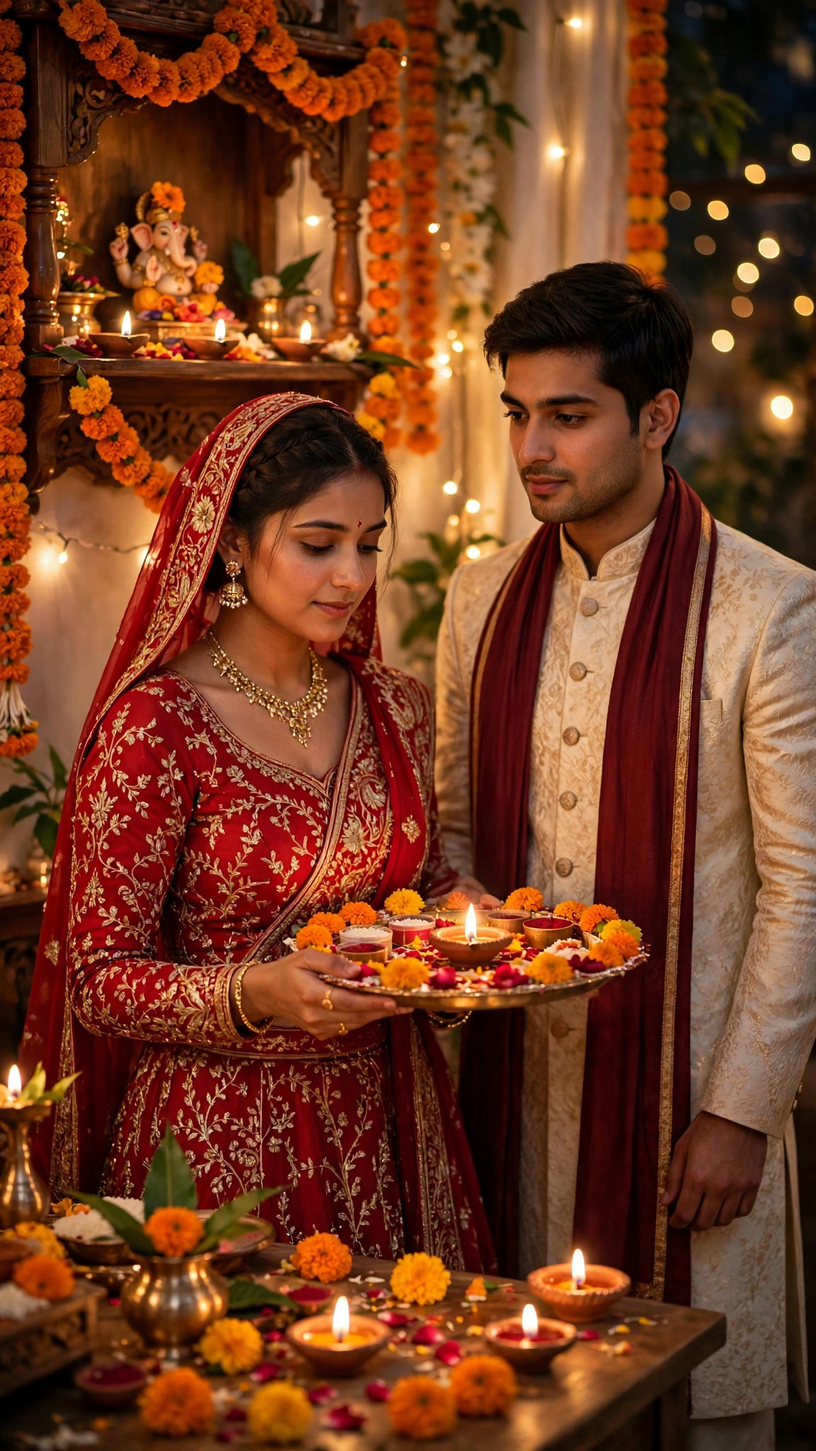 Example image of a couple at Karwa Chauth evening puja, the woman holding a decorated puja thali