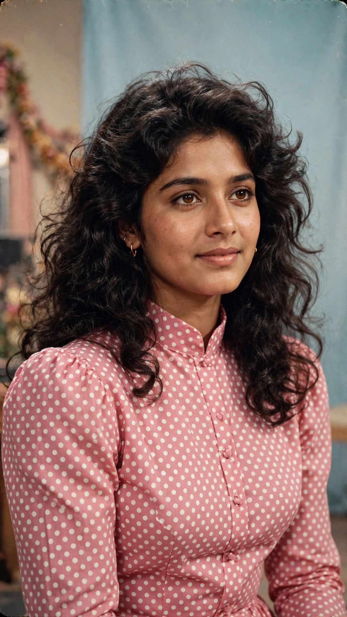 Example image of a girl in a 1980s Bollywood retro portrait with wavy hair and polka-dot dress
