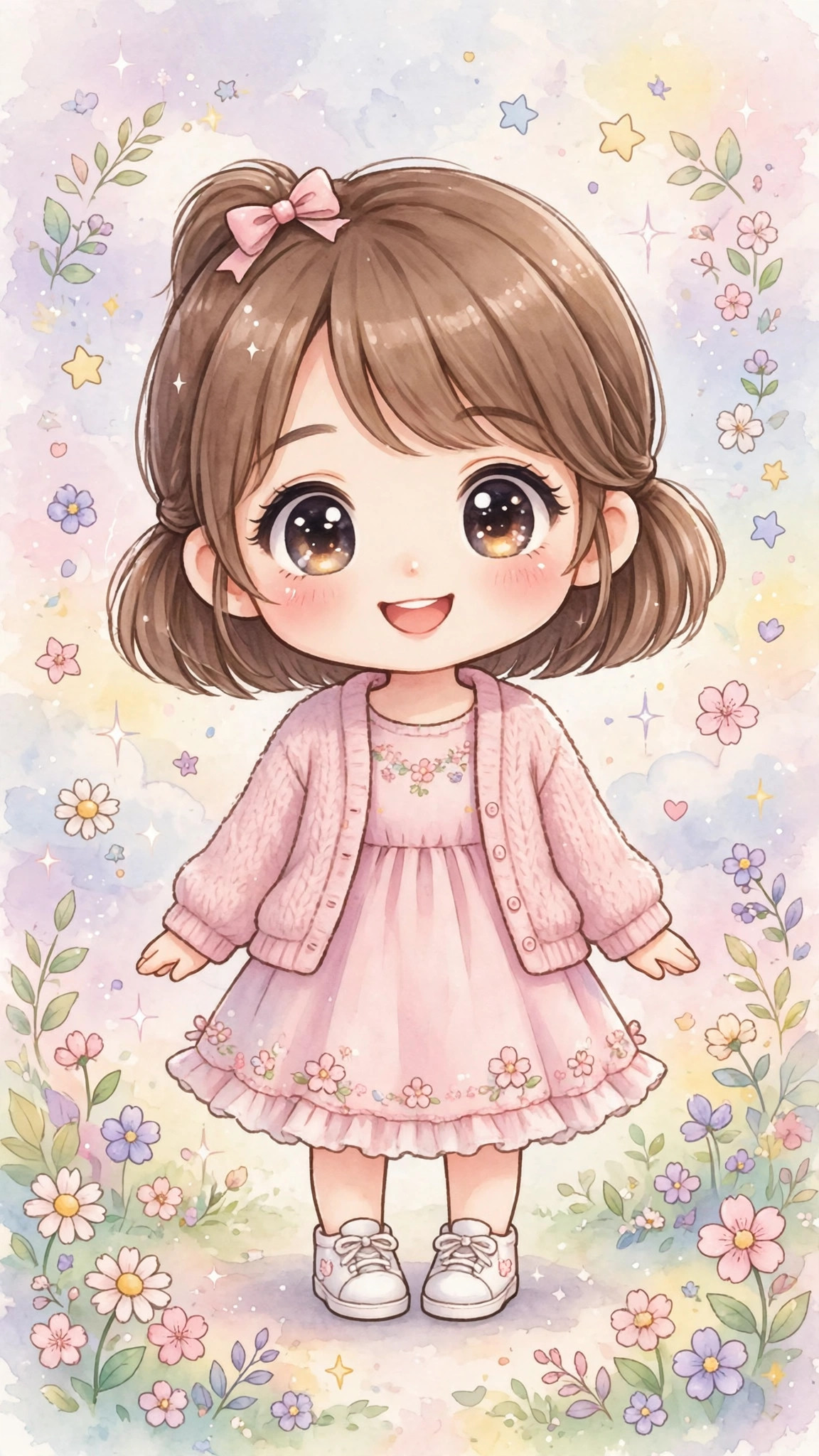 Example image of a girl as a cute chibi illustration in a pastel pink dress