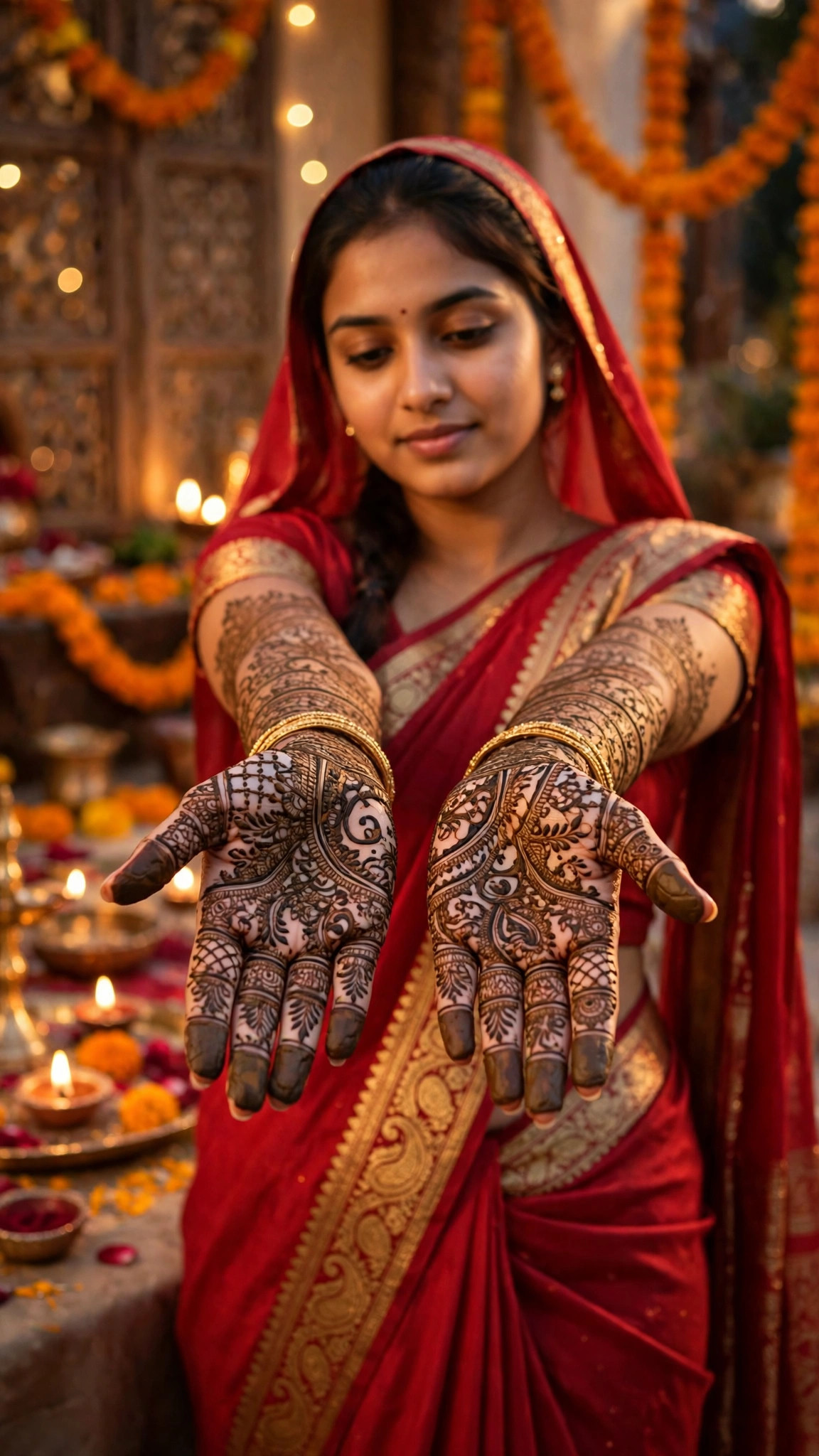 Example image of a girl in a red saree showing intricate Karwa Chauth mehndi on both hands