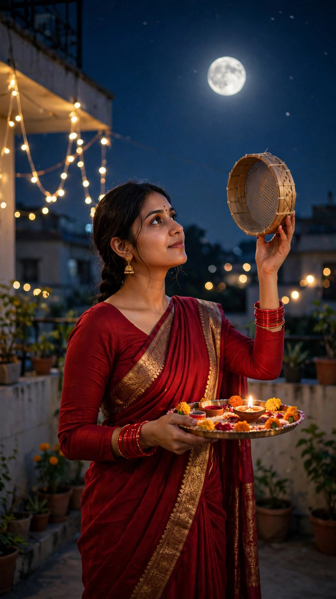 Example image of a girl in a red saree holding a sieve and diya thali while looking at the Karwa Chauth moon